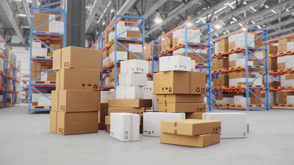 stack of packages in fulfillment warehouse